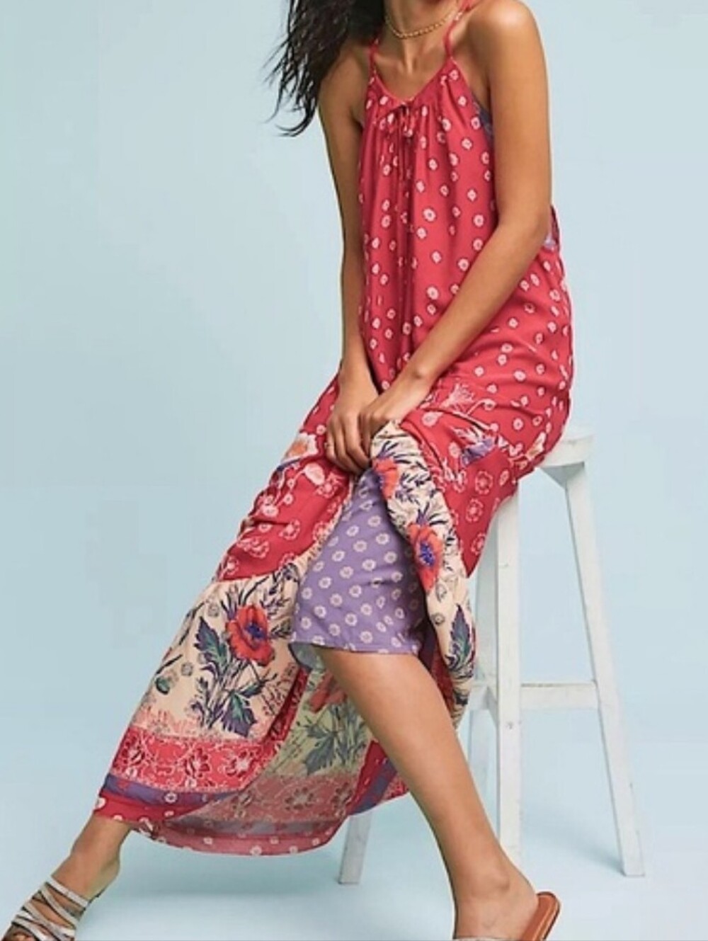 Anthropologie Maeve Red Floral Boho Maxi Dress Purple White Pattern Lining Small